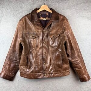 Vintage Gap Brown Distressed Leather Trucker Jacket  Button Front size M